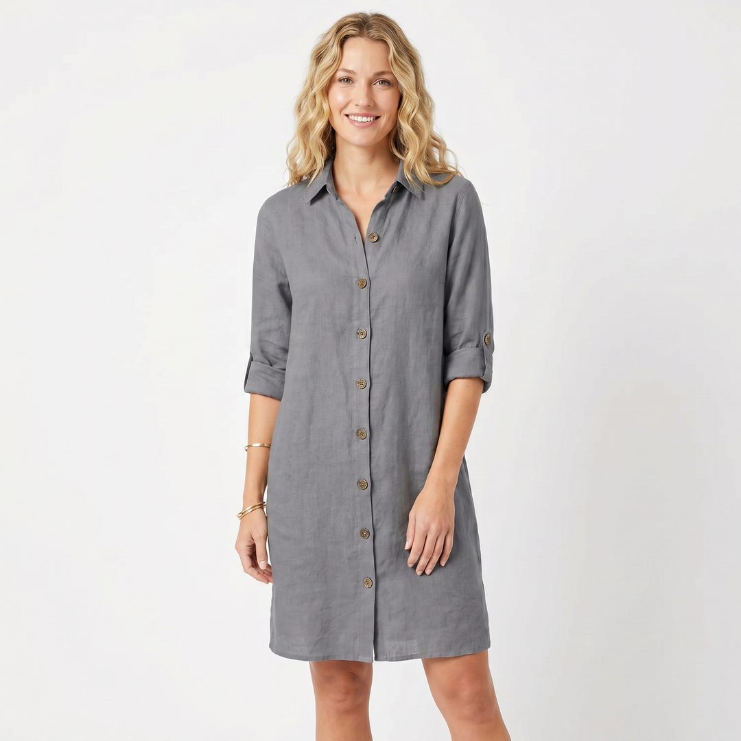Women's Linen Shirt Dress Button Down Collared Roll Sleeve Midi
