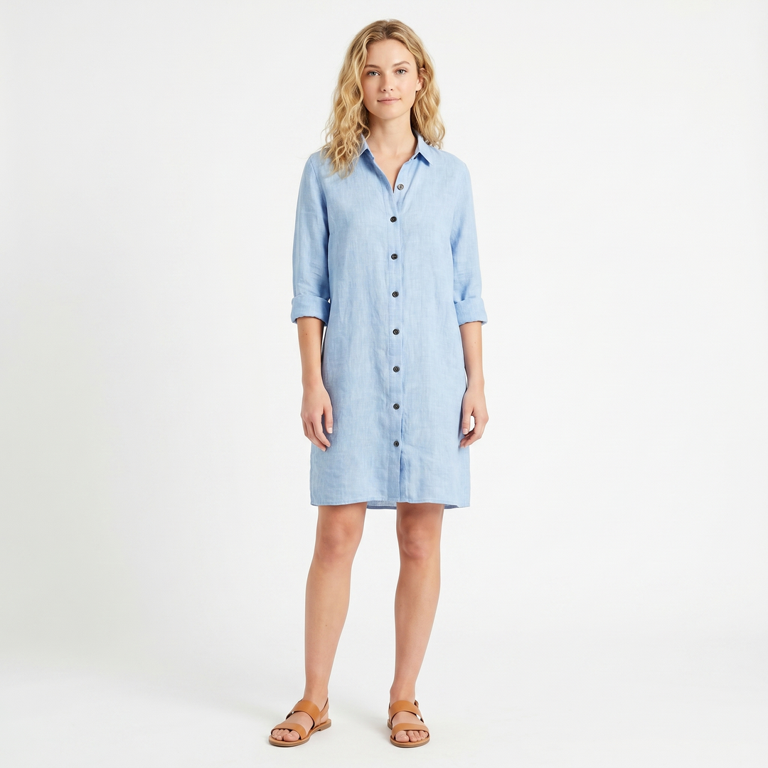 Women's Linen Shirt Dress Button Down Collared Roll Sleeve Midi