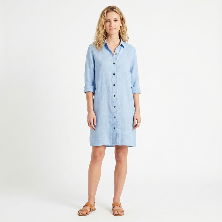 Women's Linen Shirt Dress Button Down Collared Roll Sleeve Midi