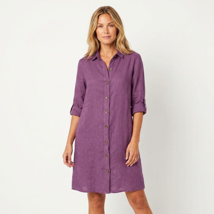 Women's Linen Shirt Dress Button Down Collared Roll Sleeve Midi