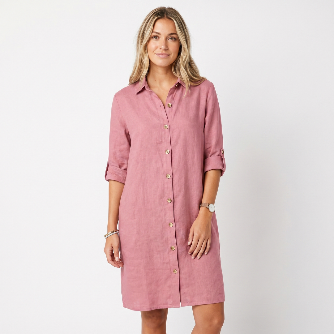 Women's Linen Shirt Dress Button Down Collared Roll Sleeve Midi