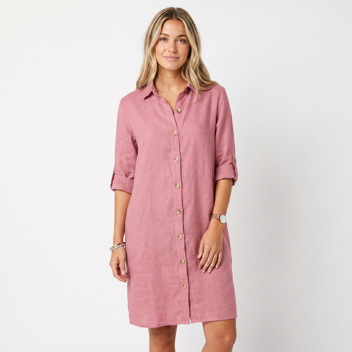Women's Linen Shirt Dress Button Down Collared Roll Sleeve Midi