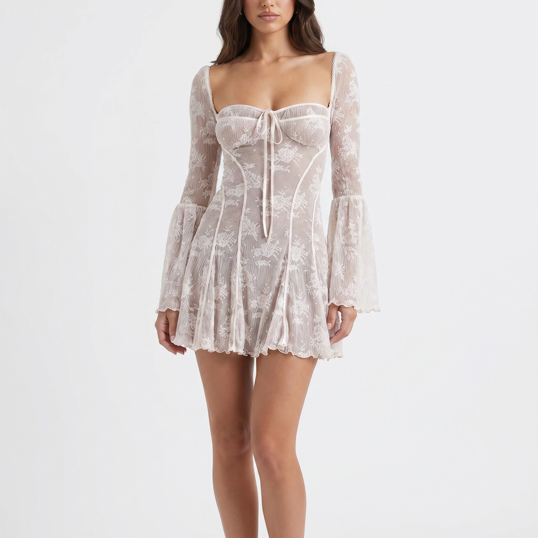 Women's Lace Mini Dress Long Flare Sleeve Corset Bodice Party
