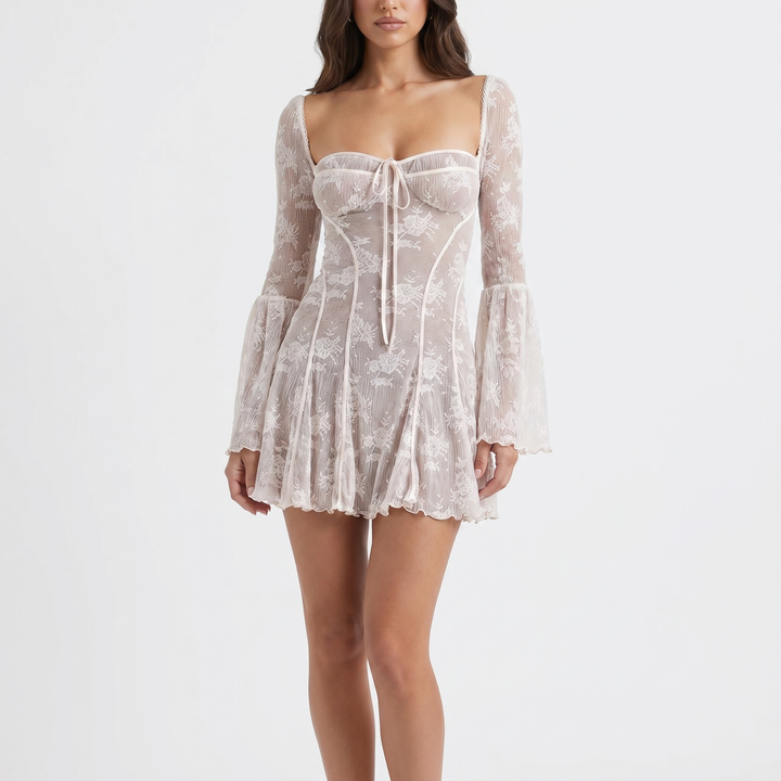 Women's Lace Mini Dress Long Flare Sleeve Corset Bodice Party