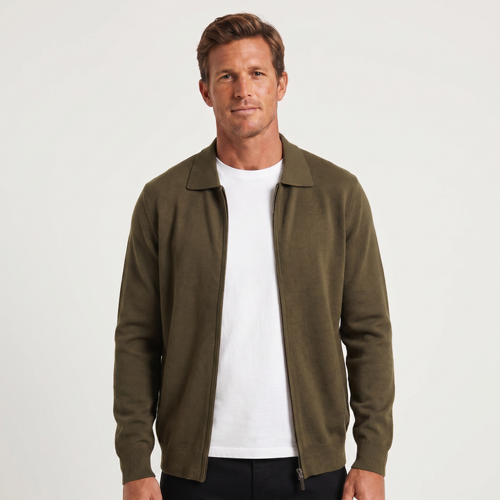 Men's Polo Collar Wool Zip-Up Cardigan
