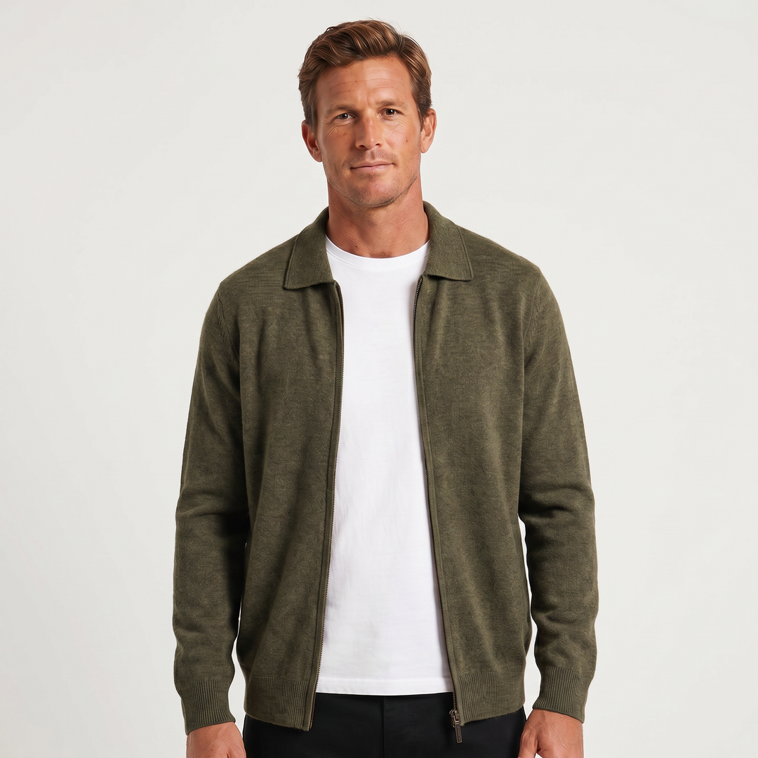 Men's Polo Collar Wool Zip-Up Cardigan