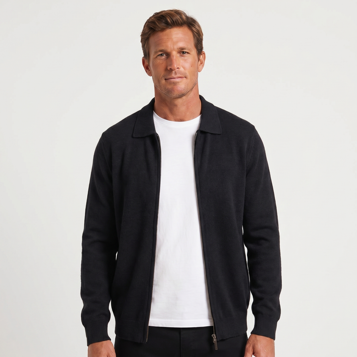 Men's Polo Collar Wool Zip-Up Cardigan