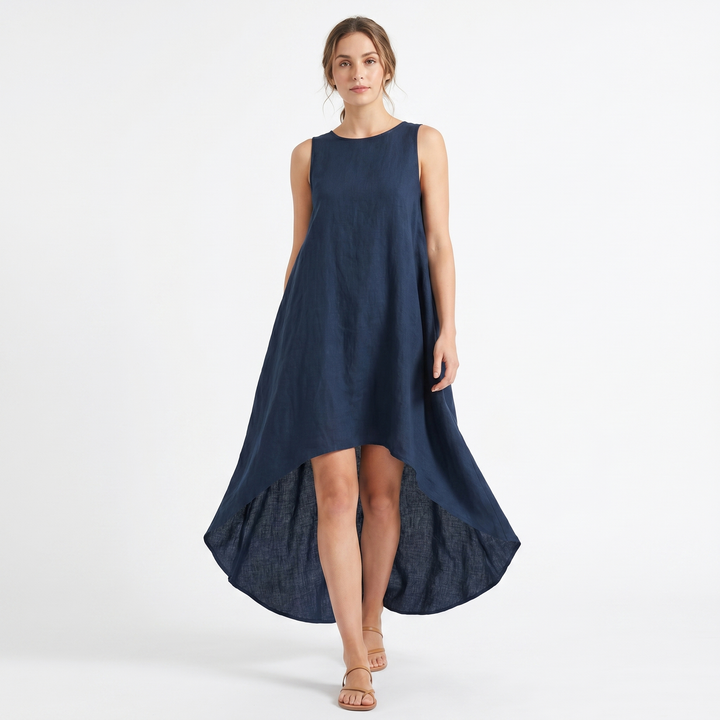 Women's Linen Dress Sleeveless High Low Hem Layered A Line Midi