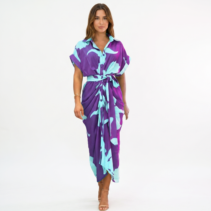 Women's Shirt Dress Button Down Tie Waist Wrap Midi Short Sleeve