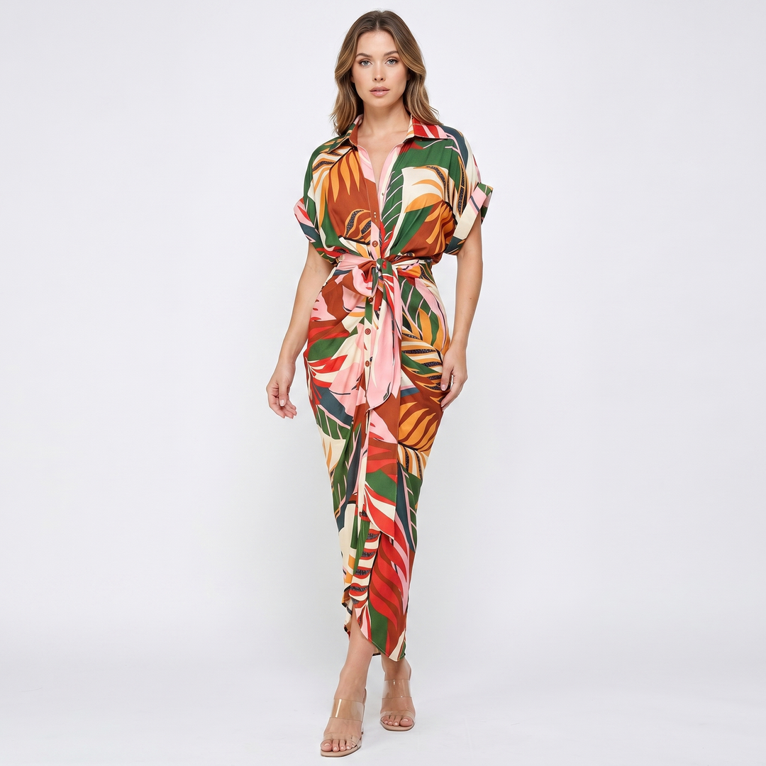 Women's Shirt Dress Button Down Tie Waist Wrap Midi Short Sleeve