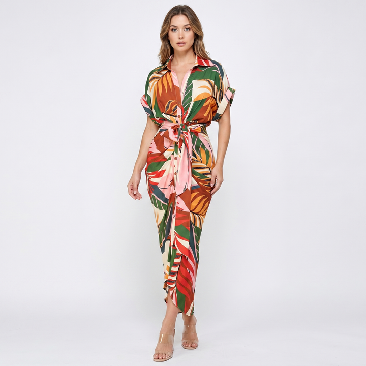 Women's Shirt Dress Button Down Tie Waist Wrap Midi Short Sleeve