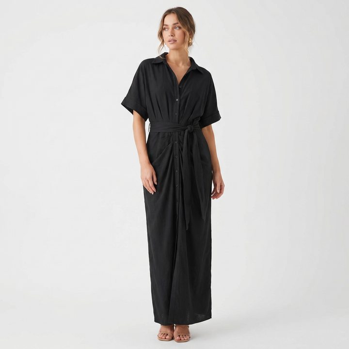 Women's Shirt Dress Button Down Tie Waist Wrap Midi Short Sleeve