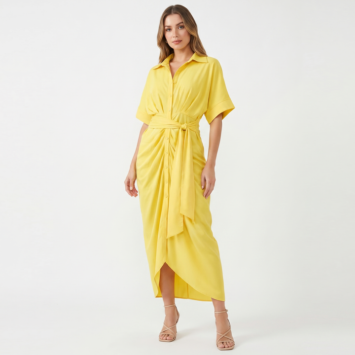Women's Shirt Dress Button Down Tie Waist Wrap Midi Short Sleeve
