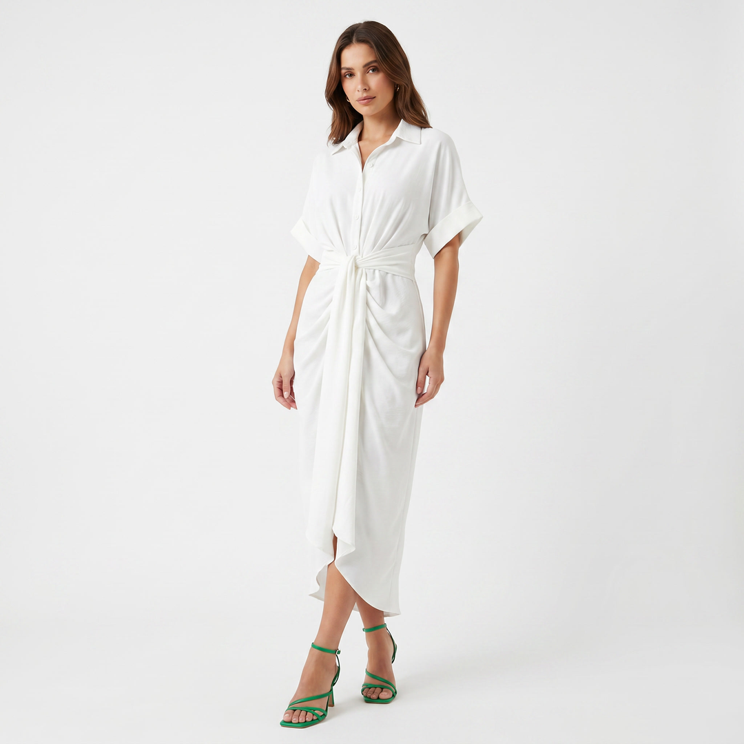 Women's Shirt Dress Button Down Tie Waist Wrap Midi Short Sleeve