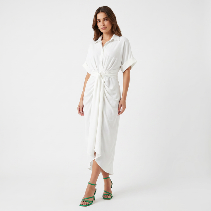 Women's Shirt Dress Button Down Tie Waist Wrap Midi Short Sleeve