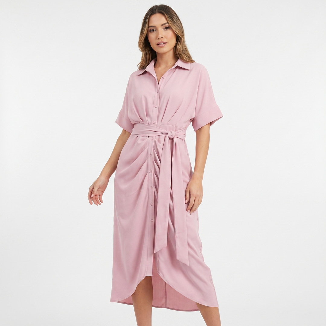 Women's Shirt Dress Button Down Tie Waist Wrap Midi Short Sleeve