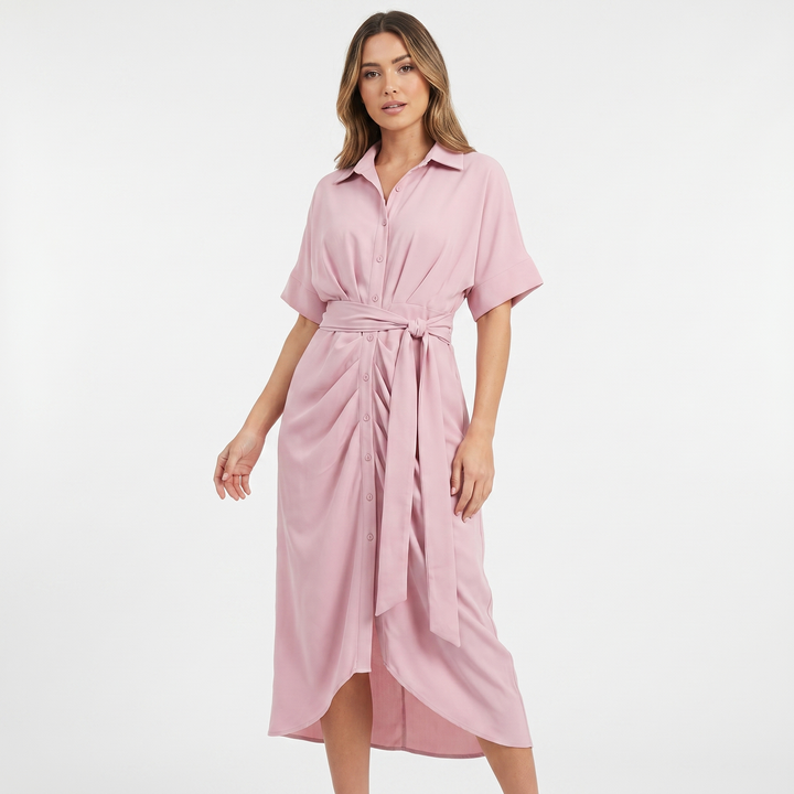 Women's Shirt Dress Button Down Tie Waist Wrap Midi Short Sleeve