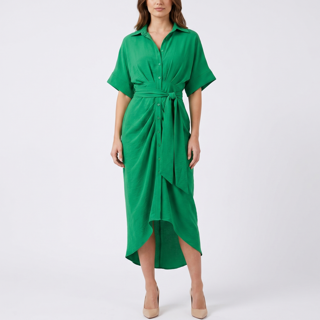 Women's Shirt Dress Button Down Tie Waist Wrap Midi Short Sleeve