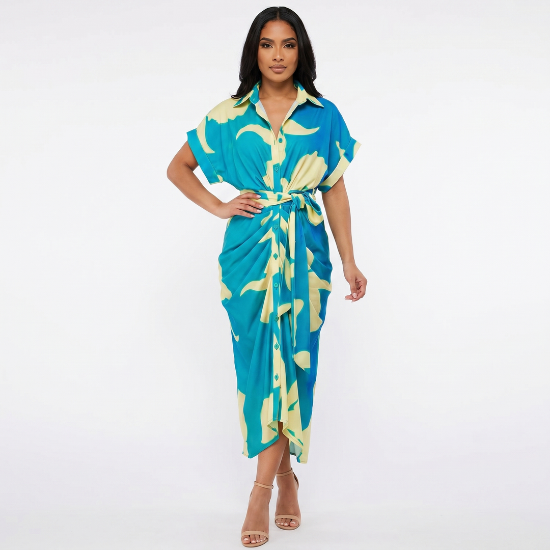 Women's Shirt Dress Button Down Tie Waist Wrap Midi Short Sleeve