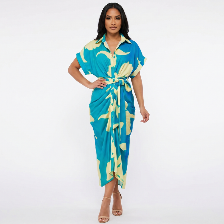 Women's Shirt Dress Button Down Tie Waist Wrap Midi Short Sleeve