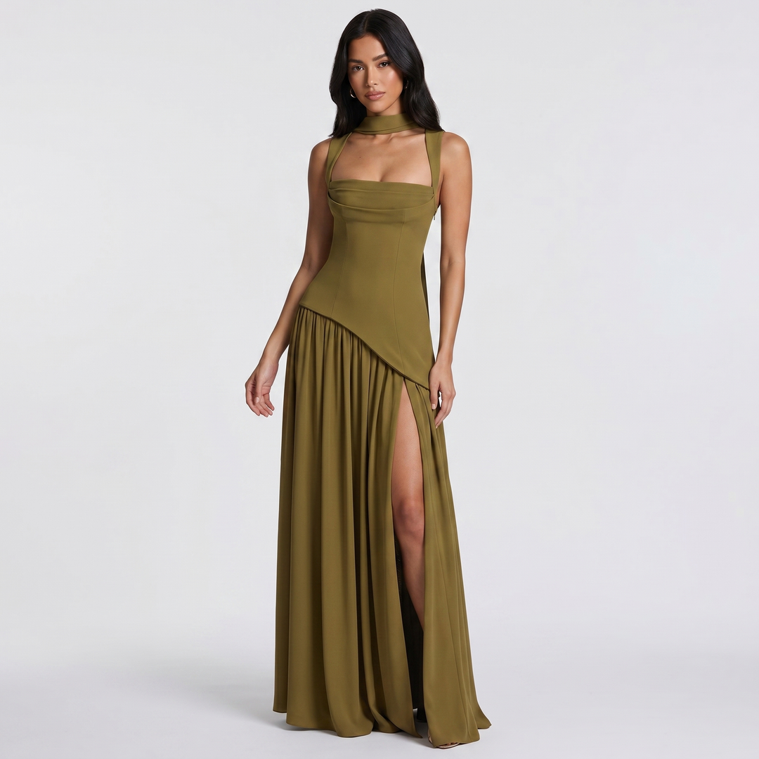 Women's Maxi Dress Square Neck Choker Strap High Split Formal Gown