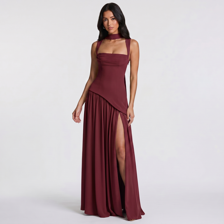 Women's Maxi Dress Square Neck Choker Strap High Split Formal Gown