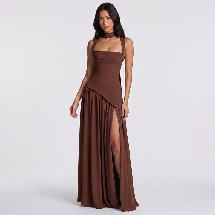 Women's Maxi Dress Square Neck Choker Strap High Split Formal Gown