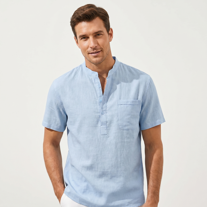 Mens Linen Shirt - Band Collar Henley Short Sleeve