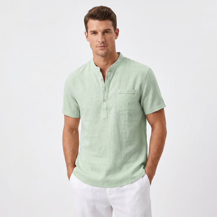 Mens Linen Shirt - Band Collar Henley Short Sleeve