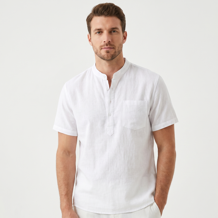 Mens Linen Shirt - Band Collar Henley Short Sleeve