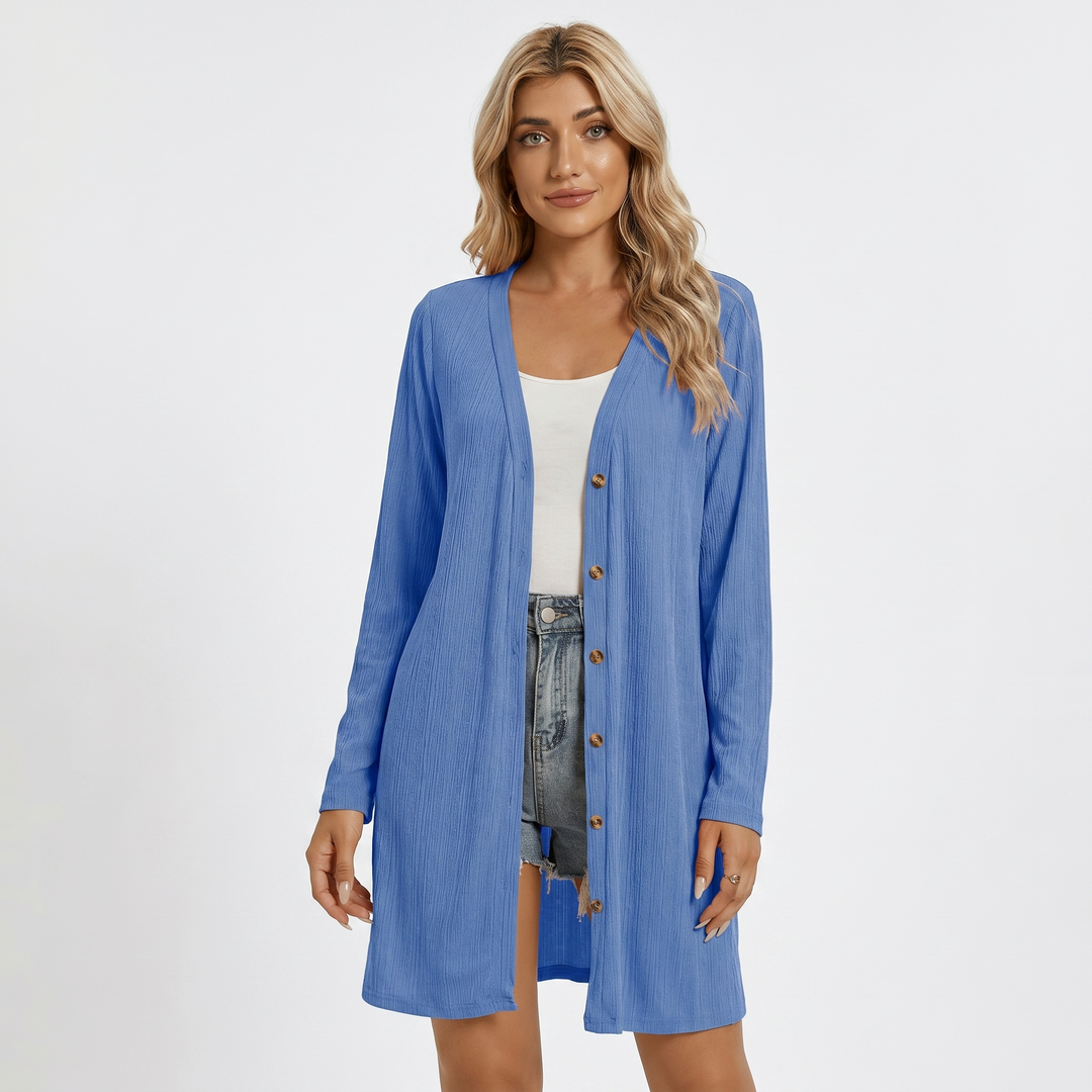 Womens Long Cardigan – Ribbed V-Neck Button Front