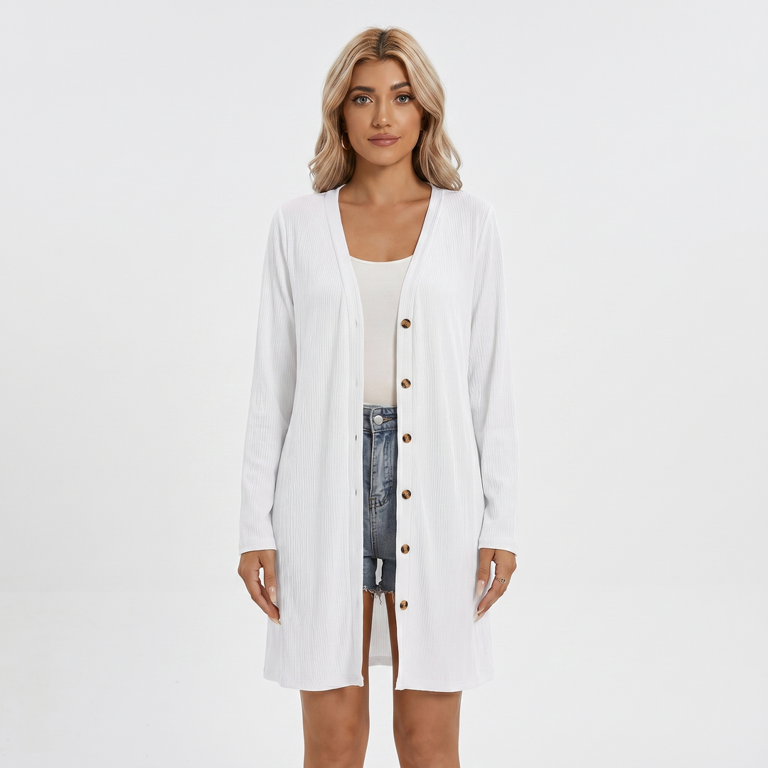 Womens Long Cardigan – Ribbed V-Neck Button Front