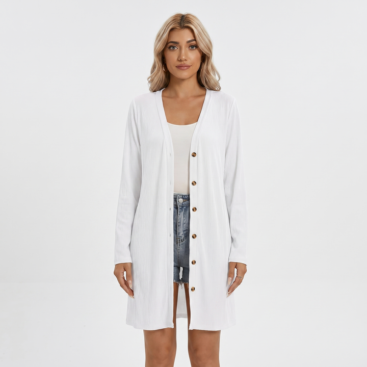 Womens Long Cardigan – Ribbed V-Neck Button Front