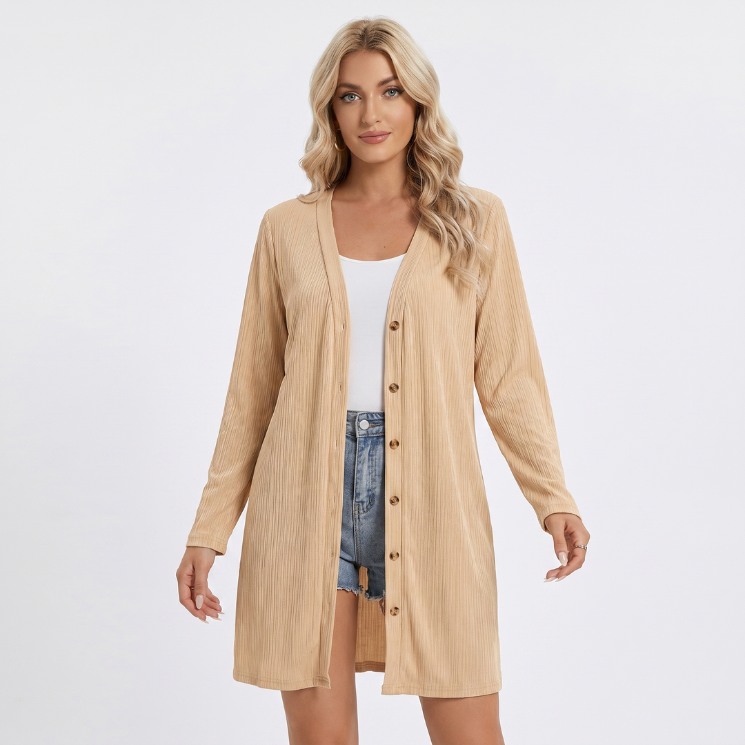 Womens Long Cardigan – Ribbed V-Neck Button Front