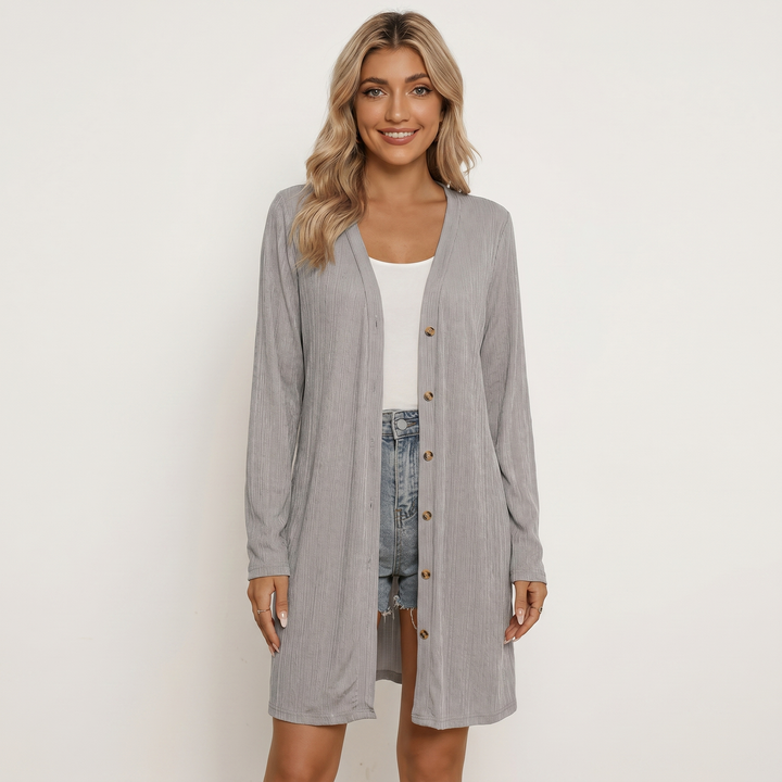 Womens Long Cardigan – Ribbed V-Neck Button Front