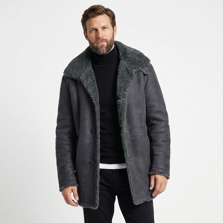 Mens Shearling Jacket – Suede Mid-Length Notched Lapel