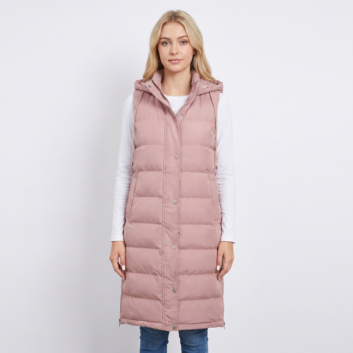 Womens Longline Puffer Vest – Hooded Quilted Snap Front