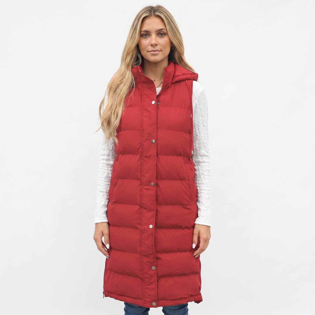 Womens Longline Puffer Vest – Hooded Quilted Snap Front