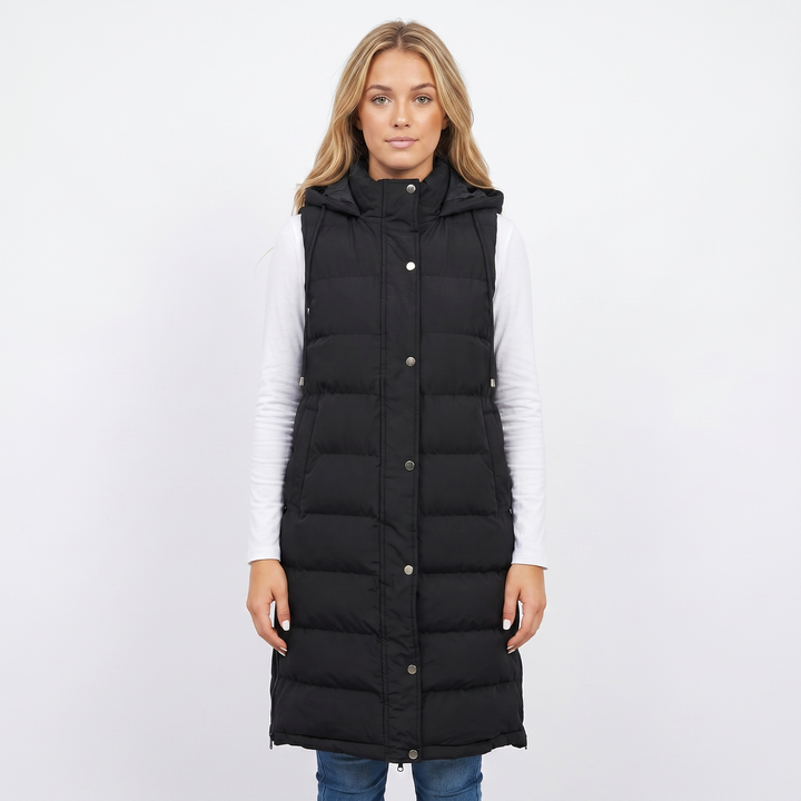 Womens Longline Puffer Vest – Hooded Quilted Snap Front