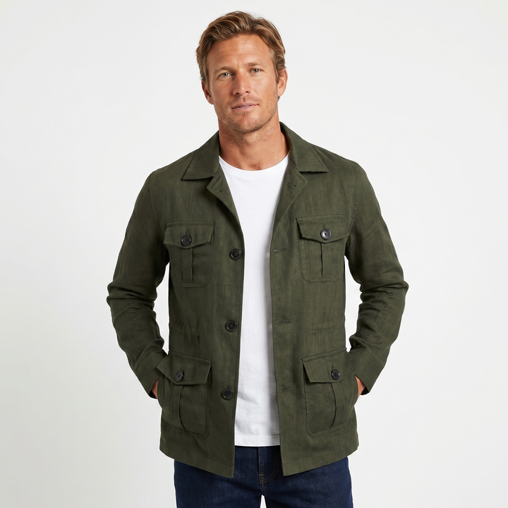 Mens Overshirt – Linen-Look Safari Four Pocket