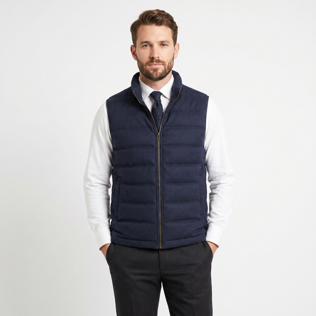 Mens Quilted Vest – Wool-Look Stand Collar Zip Up