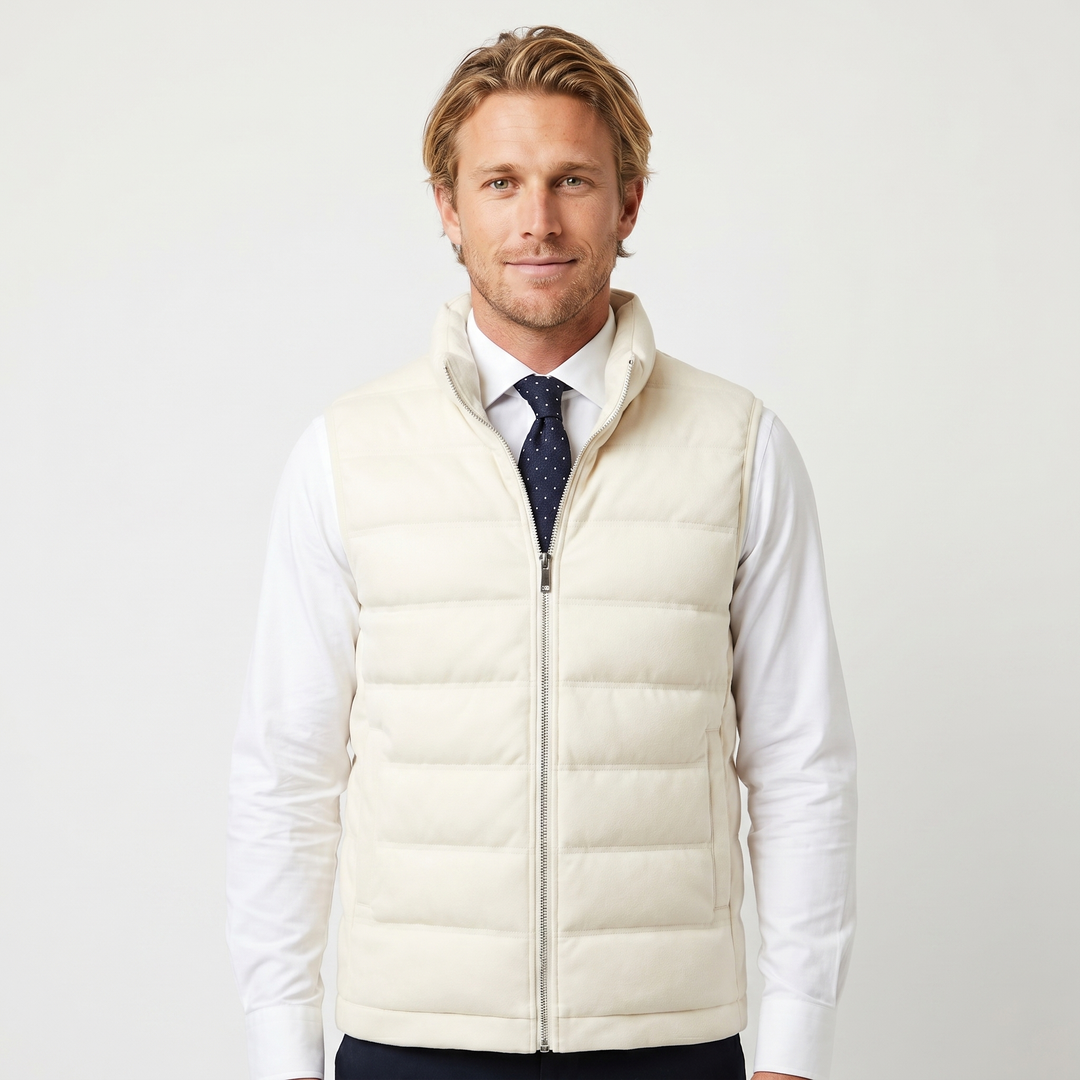 Mens Quilted Vest – Wool-Look Stand Collar Zip Up