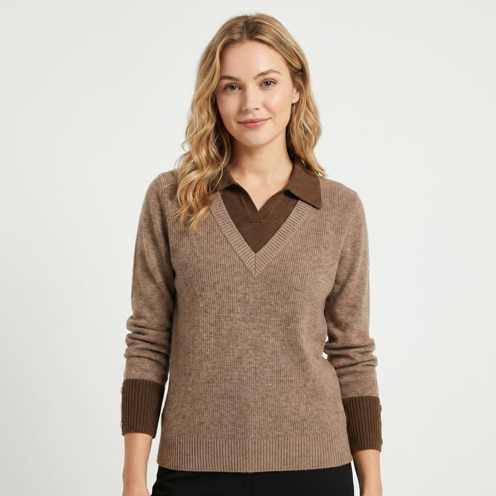 Womens Jumper – V Neck Faux Layered Shirt Collar