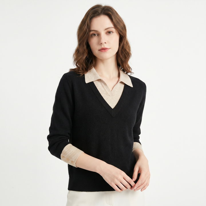 Womens Jumper – V Neck Faux Layered Shirt Collar