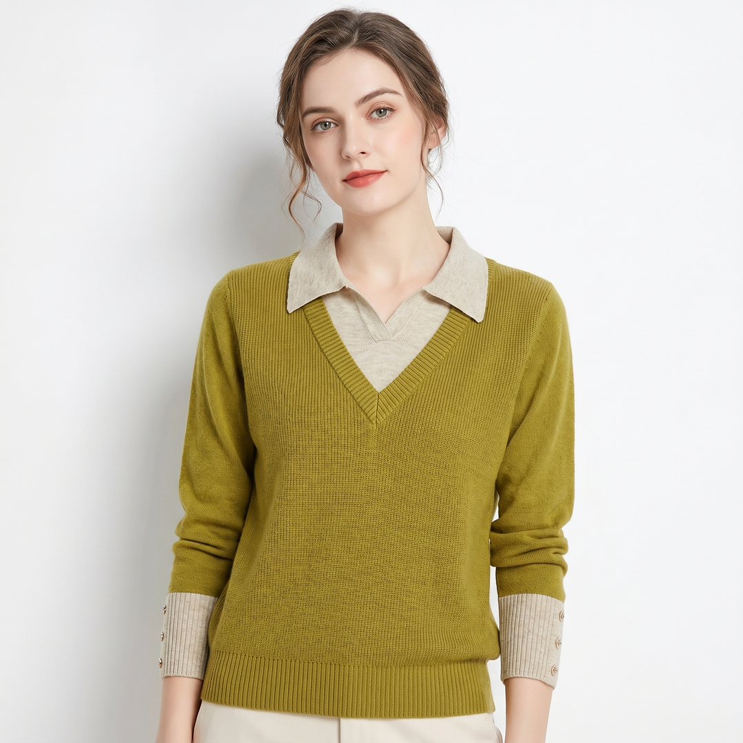 Womens Jumper – V Neck Faux Layered Shirt Collar