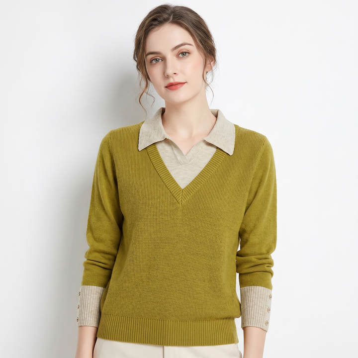 Womens Jumper – V Neck Faux Layered Shirt Collar