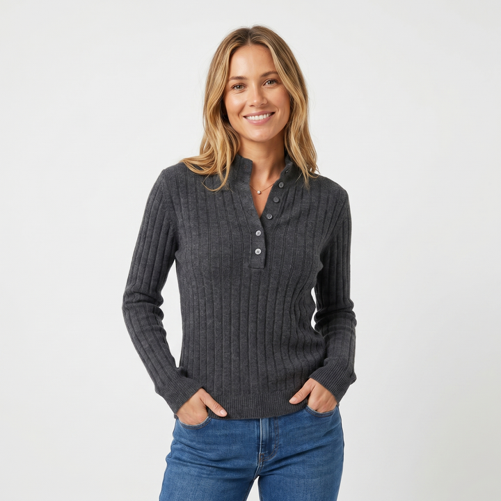 Womens Ribbed Knit Henley – Stand Collar Long Sleeve