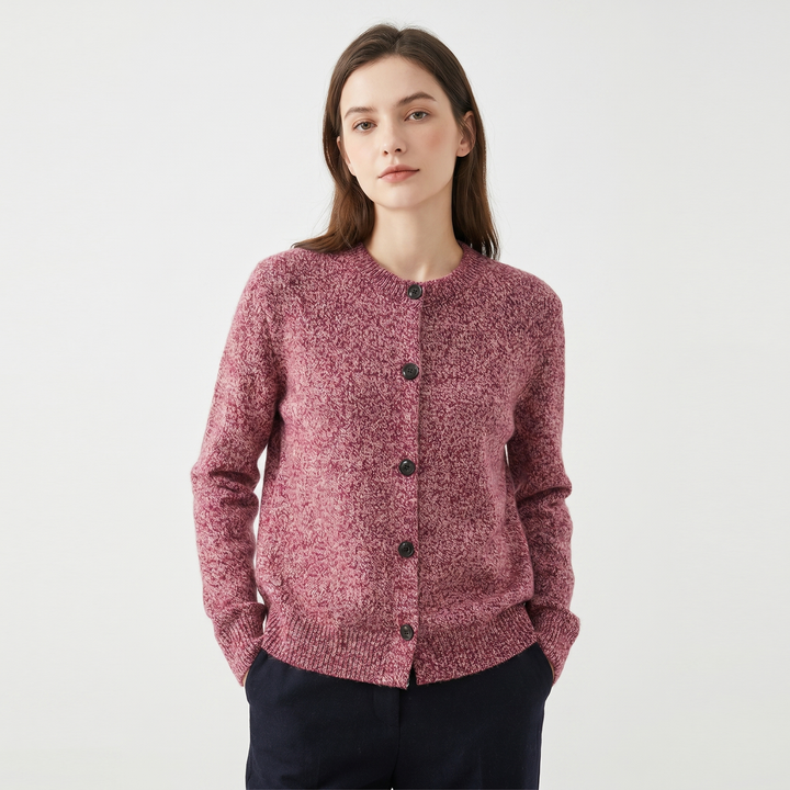 Women's Cardigan – Marl Knit Button-Through Crew Neck