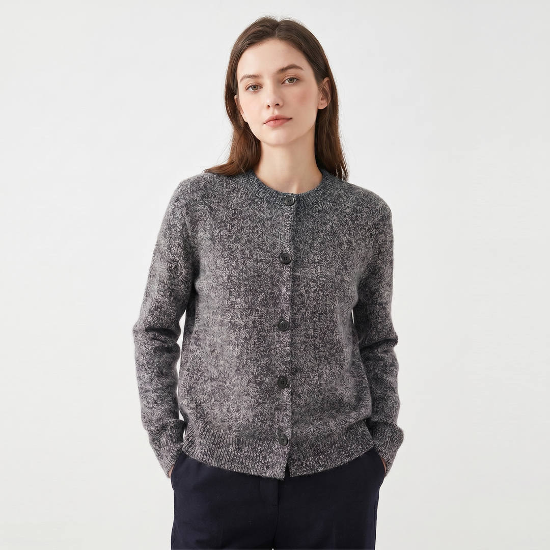 Women's Cardigan – Marl Knit Button-Through Crew Neck