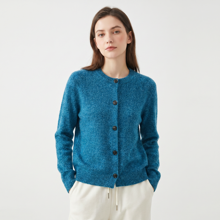 Women's Cardigan – Marl Knit Button-Through Crew Neck